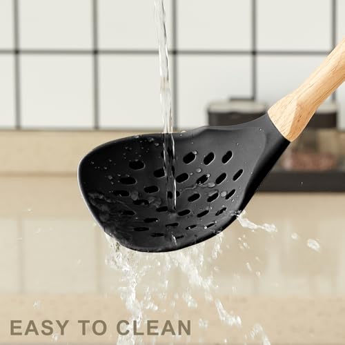 Gaixvny Kitchen Utensils Set - 34 PCS Non-Stick Silicone Cooking Utensils Set Spatula Set with Holder, Wooden Handle Spoon,Brush,Whisk Kitchen Gadgets Tools Set for Nonstick Cookware (Black-34P) - My Kitchen Products