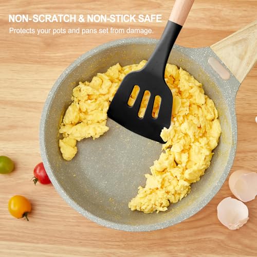 Gaixvny Kitchen Utensils Set - 34 PCS Non-Stick Silicone Cooking Utensils Set Spatula Set with Holder, Wooden Handle Spoon,Brush,Whisk Kitchen Gadgets Tools Set for Nonstick Cookware (Black-34P) - My Kitchen Products