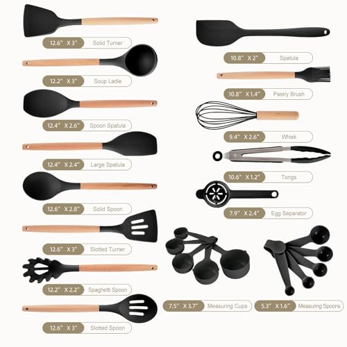 Gaixvny Kitchen Utensils Set - 34 PCS Non-Stick Silicone Cooking Utensils Set Spatula Set with Holder, Wooden Handle Spoon,Brush,Whisk Kitchen Gadgets Tools Set for Nonstick Cookware (Black-34P) - My Kitchen Products