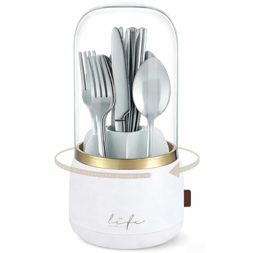 Galunt Silverware Organizer with Lid, 360° Rotation Utensil Holder for Kitchen Counter, Silverware Caddy for Party, 7 Slots