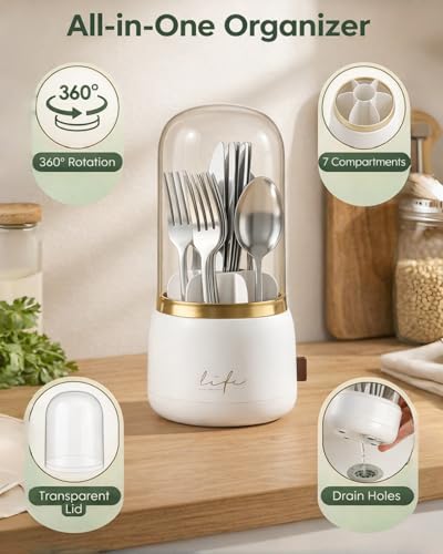 Galunt Silverware Organizer with Lid, 360° Rotation Utensil Holder for Kitchen Counter, Silverware Caddy for Party, 7 Slots Fits Standard Utensils & Most Steak Knives Up to 8.5 Inches(White) - My Kitchen Products