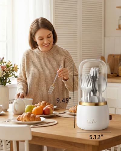 Galunt Silverware Organizer with Lid, 360° Rotation Utensil Holder for Kitchen Counter, Silverware Caddy for Party, 7 Slots Fits Standard Utensils & Most Steak Knives Up to 8.5 Inches(White) - My Kitchen Products