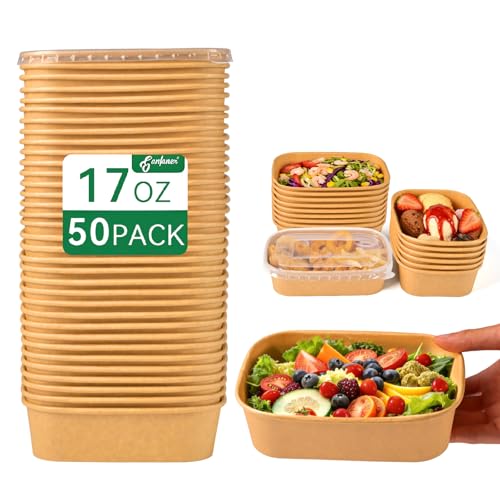ganfaner 17oz Disposable Food Meal Prep Container with Lids, 50 Sets Paper Acai Bowls Compostable for Soup Noodles Microwave Safe, Leak-Proof Salad Bowl for Lunch Party Home School Take Out - My Kitchen Products
