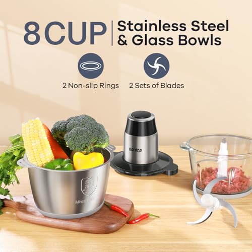 GANIZA Food Processors, Electric Food Chopper with Meat Grinder & Vegetable Chopper - 2 Bowls (8 Cup+8 Cup) with Powerful 450W Copper Motor - Includes 2 Sets of Bi-Level Blades for Fruits/Meat/Nuts - My Kitchen Products