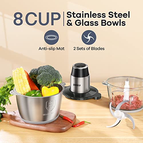 GANIZA Food Processors, Electric Food Chopper with Meat Grinder & Vegetable Chopper - 2 Bowls (8 Cup+8 Cup) with Powerful 450W Copper Motor - Includes 2 Sets of Bi-Level Blades (Silver) - My Kitchen Products