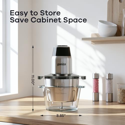 GANIZA Food Processors, Electric Food Chopper with Meat Grinder & Vegetable Chopper - 2 Bowls (8 Cup+8 Cup) with Powerful 450W Copper Motor - Includes 2 Sets of Bi-Level Blades for Fruits/Meat/Nuts - My Kitchen Products