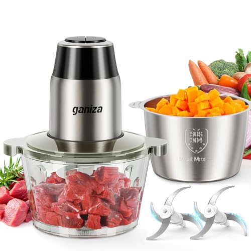GANIZA Food Processors, Electric Food Chopper with Meat Grinder & Vegetable Chopper - 2 Bowls (8 Cup+8 Cup) with Powerful 450W Copper Motor - Includes 2 Sets of Bi-Level Blades (Silver) - My Kitchen Products