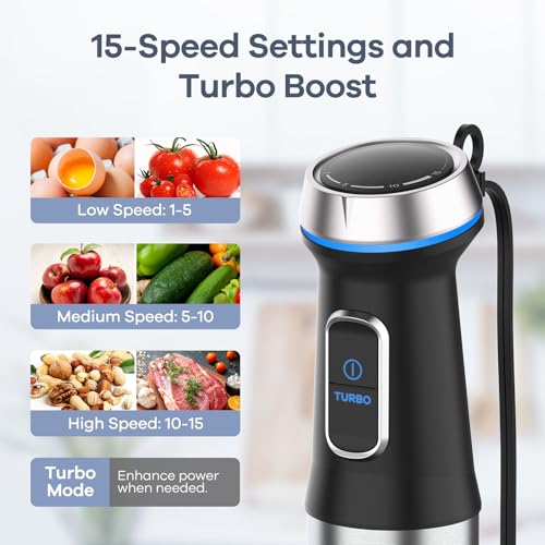 Ganiza Immersion Blender Handheld, 6 in 1 Hand Blender Stainless Steel Blade, 15 Speed Stick Blenders Electric, 800ml Mixing Beaker, 600ml Chopper, Whisk, Frother, Potato Masher - My Kitchen Products