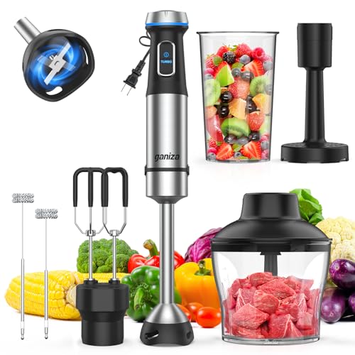 Ganiza Immersion Blender Handheld, 6 in 1 Hand Blender Stainless Steel Blade, 15 Speed Stick Blenders Electric, 800ml Mixing Beaker, 600ml Chopper, Whisk, Frother, Potato Masher - My Kitchen Products