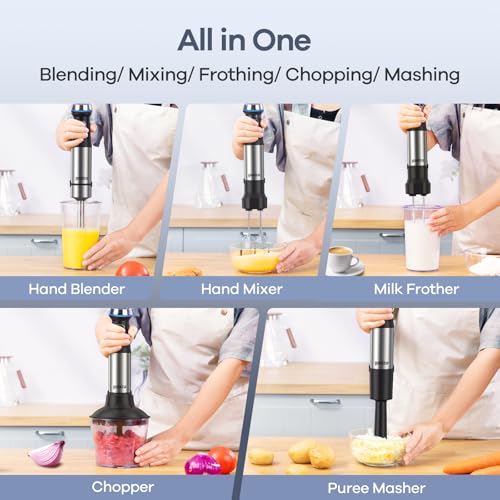 Ganiza Immersion Blender Handheld, 6 in 1 Hand Blender Stainless Steel Blade, 15 Speed Stick Blenders Electric, 800ml Mixing Beaker, 600ml Chopper, Whisk, Frother, Potato Masher - My Kitchen Products