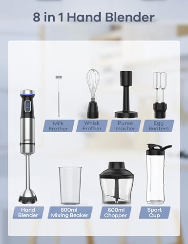 Ganiza Immersion Blender Handheld Corded 8 in 1 Hand Blender Max 1000W 16 Speed Mode Stick Emulsifier with 800ml Mixing Beaker, 600ml Chopper, Whisk, Frother, Potato Masher and Portable Bottle - My Kitchen Products