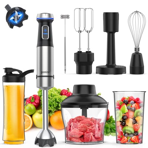 Ganiza Immersion Blender Handheld Corded 8 in 1 Hand Blender Max 1000W 16 Speed Mode Stick Emulsifier with 800ml Mixing Beaker, 600ml Chopper, Whisk, Frother, Potato Masher and Portable Bottle - My Kitchen Products