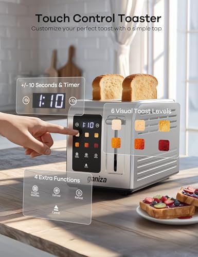 Ganiza Smart Toaster 2 Slice with Touchscreen, Digital Countdown Timer, Touch Screen Toaster Wide Slot, Full Stainless Steel, Defrost Reheat Cancel, +/-10s Fine-Tune, Removable Crumb Tray, Max 925W - My Kitchen Products