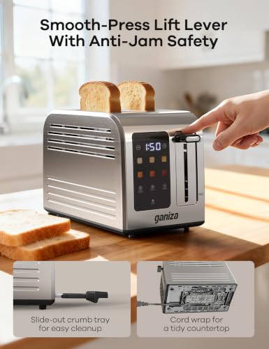 Ganiza Smart Toaster 2 Slice with Touchscreen, Digital Countdown Timer, Touch Screen Toaster Wide Slot, Full Stainless Steel, Defrost Reheat Cancel, +/-10s Fine-Tune, Removable Crumb Tray, Max 925W - My Kitchen Products
