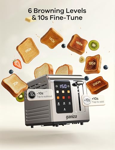 Ganiza Smart Toaster 2 Slice with Touchscreen, Digital Countdown Timer, Touch Screen Toaster Wide Slot, Full Stainless Steel, Defrost Reheat Cancel, +/-10s Fine-Tune, Removable Crumb Tray, Max 925W - My Kitchen Products