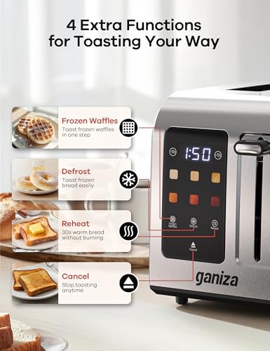 Ganiza Smart Toaster 2 Slice with Touchscreen, Digital Countdown Timer, Touch Screen Toaster Wide Slot, Full Stainless Steel, Defrost Reheat Cancel, +/-10s Fine-Tune, Removable Crumb Tray, Max 925W - My Kitchen Products