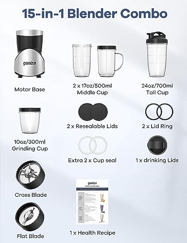 Ganiza Smoothie Blender, 900W Blenders for Shakes and Smoothies, 15-Piece Personal Blender and Grinder Combo for Kitchen, Smoothies Maker with 4 BPA-Free Portable Cup, Nutritious Recipe - My Kitchen Products
