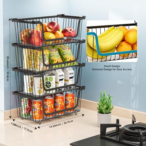 GAOKASE 4 Pcs Stackable Wire Baskets for Pantry Organizers and Storage,Vegetable Fruit Basket for Countertop,Kitchen Storage Metal Baskets,Produce Potato Onion Storage Bin-Black - My Kitchen Products