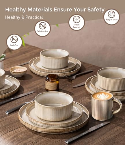 GBHOME 12-Piece Stoneware Dinnerware Set for 4 – Ribbed Ceramic Plates and Bowls, Scratch-Resistant, Microwave & Dishwasher Safe, Reactive Glaze, Cappuccino - My Kitchen Products