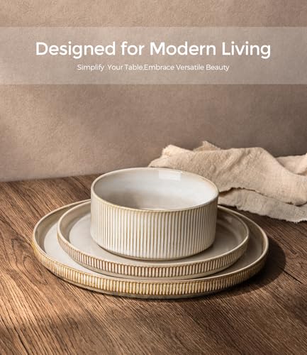 GBHOME 12-Piece Stoneware Dinnerware Set for 4 – Ribbed Ceramic Plates and Bowls, Scratch-Resistant, Microwave & Dishwasher Safe, Reactive Glaze, Cappuccino - My Kitchen Products