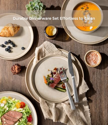 GBHOME 12-Piece Stoneware Dinnerware Set for 4 – Ribbed Ceramic Plates and Bowls, Scratch-Resistant, Microwave & Dishwasher Safe, Reactive Glaze, Cappuccino - My Kitchen Products