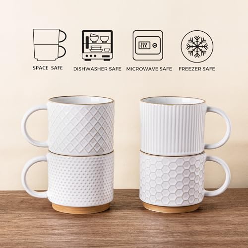 GBHOME 12OZ Stackable Coffee Mugs, Ceramic Coffee Mugs with Texture Patterns for Man,Woman,Dad,Mom, Modern Coffee Mugs Set of 4 for Latte/Cappuccino/Cocoa. Dishwasher&Microwave Safe, Off White - My Kitchen Products