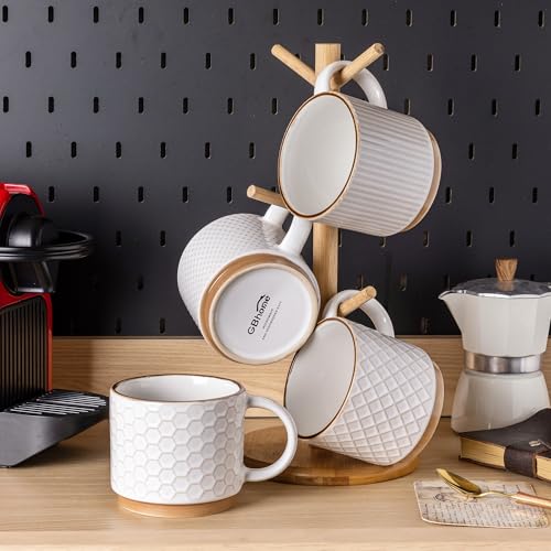 GBHOME 12OZ Stackable Coffee Mugs, Ceramic Coffee Mugs with Texture Patterns for Man,Woman,Dad,Mom, Modern Coffee Mugs Set of 4 for Latte/Cappuccino/Cocoa. Dishwasher&Microwave Safe, Off White - My Kitchen Products