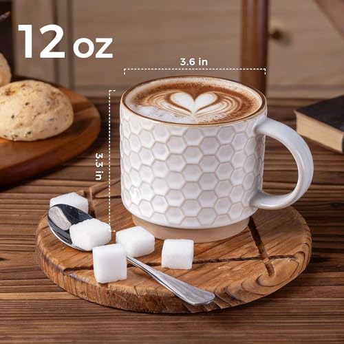GBHOME 12OZ Stackable Coffee Mugs, Ceramic Coffee Mugs with Texture Patterns for Man,Woman,Dad,Mom, Modern Coffee Mugs Set of 4 for Latte/Cappuccino/Cocoa. Dishwasher&Microwave Safe, Off White - My Kitchen Products
