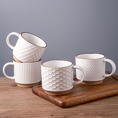 GBHOME 12OZ Stackable Coffee Mugs, Ceramic Coffee Mugs with Texture Patterns for Man,Woman,Dad,Mom, Modern Coffee Mugs Set of 4 for Latte/Cappuccino/Cocoa. Dishwasher&Microwave Safe, Off White - My Kitchen Products