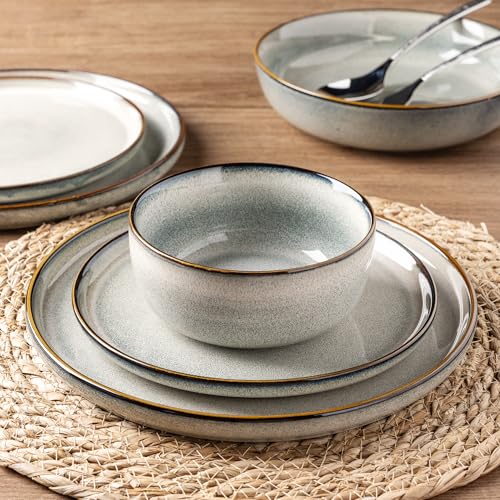 GBHOME Ceramic Dinnerware Sets for 4, 12 Pieces Stoneware Plates and Bowls Sets, Reactive Glaze Dishes -Scratch Resistant, Dishwasher&Microwave Safe, Green Wheat - My Kitchen Products