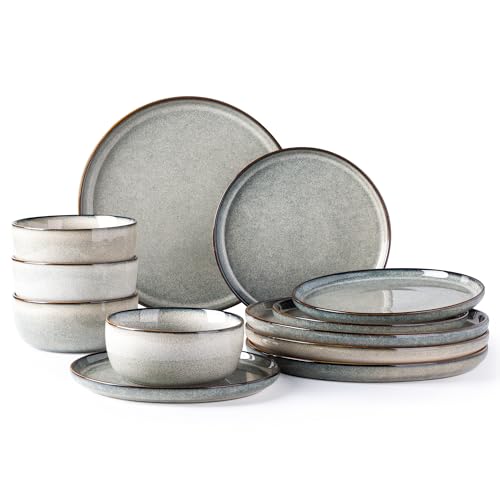 GBHOME Ceramic Dinnerware Sets for 4, 12 Pieces Stoneware Plates and Bowls Sets, Reactive Glaze Dishes -Scratch Resistant, Dishwasher&Microwave Safe, Green Wheat - My Kitchen Products