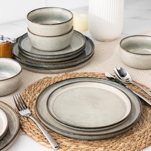 GBHOME Ceramic Dinnerware Sets for 4, 12 Pieces Stoneware Plates and Bowls Sets, Reactive Glaze Dishes -Scratch Resistant, Dishwasher&Microwave Safe, Green Wheat - My Kitchen Products