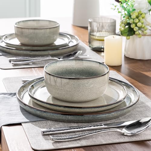 GBHOME Ceramic Dinnerware Sets for 4, 12 Pieces Stoneware Plates and Bowls Sets, Reactive Glaze Dishes -Scratch Resistant, Dishwasher&Microwave Safe, Green Wheat - My Kitchen Products