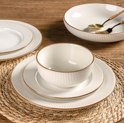 GBHOME Ceramic Dinnerware Sets,12 pcs Embossed Elegant Stoneware Plates and Bowls Sets, Housewarming Wedding Gift | Dishwasher & Microwave Safe | Dishes Set Service for 4 - My Kitchen Products