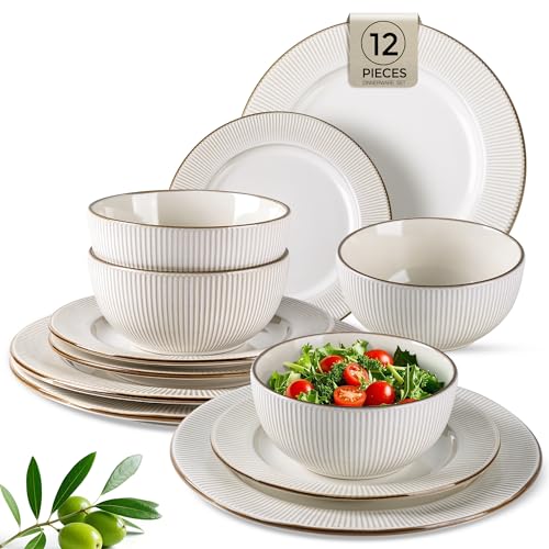 GBHOME Ceramic Dinnerware Sets,12 pcs Embossed Elegant Stoneware Plates and Bowls Sets, Housewarming Wedding Gift | Dishwasher & Microwave Safe | Dishes Set Service for 4 - My Kitchen Products