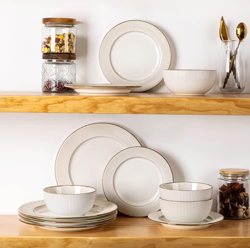 GBHOME Ceramic Dinnerware Sets,12 pcs Embossed Elegant Stoneware Plates and Bowls Sets, Housewarming Wedding Gift | Dishwasher & Microwave Safe | Dishes Set Service for 4 - My Kitchen Products