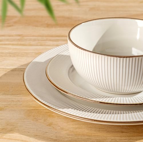 GBHOME Ceramic Dinnerware Sets,12 pcs Embossed Elegant Stoneware Plates and Bowls Sets, Housewarming Wedding Gift | Dishwasher & Microwave Safe | Dishes Set Service for 4 - My Kitchen Products
