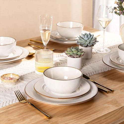GBHOME Ceramic Dinnerware Sets,12 pcs Embossed Elegant Stoneware Plates and Bowls Sets, Housewarming Wedding Gift | Dishwasher & Microwave Safe | Dishes Set Service for 4 - My Kitchen Products