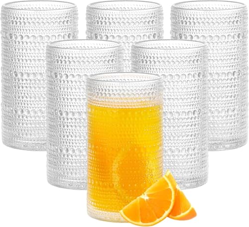 GDCCI 16oz Hobnail Drinking Glasses Set of 6, Vintage Large Capacity Embossed Clear Tumblers, Highball Glasses for Water
