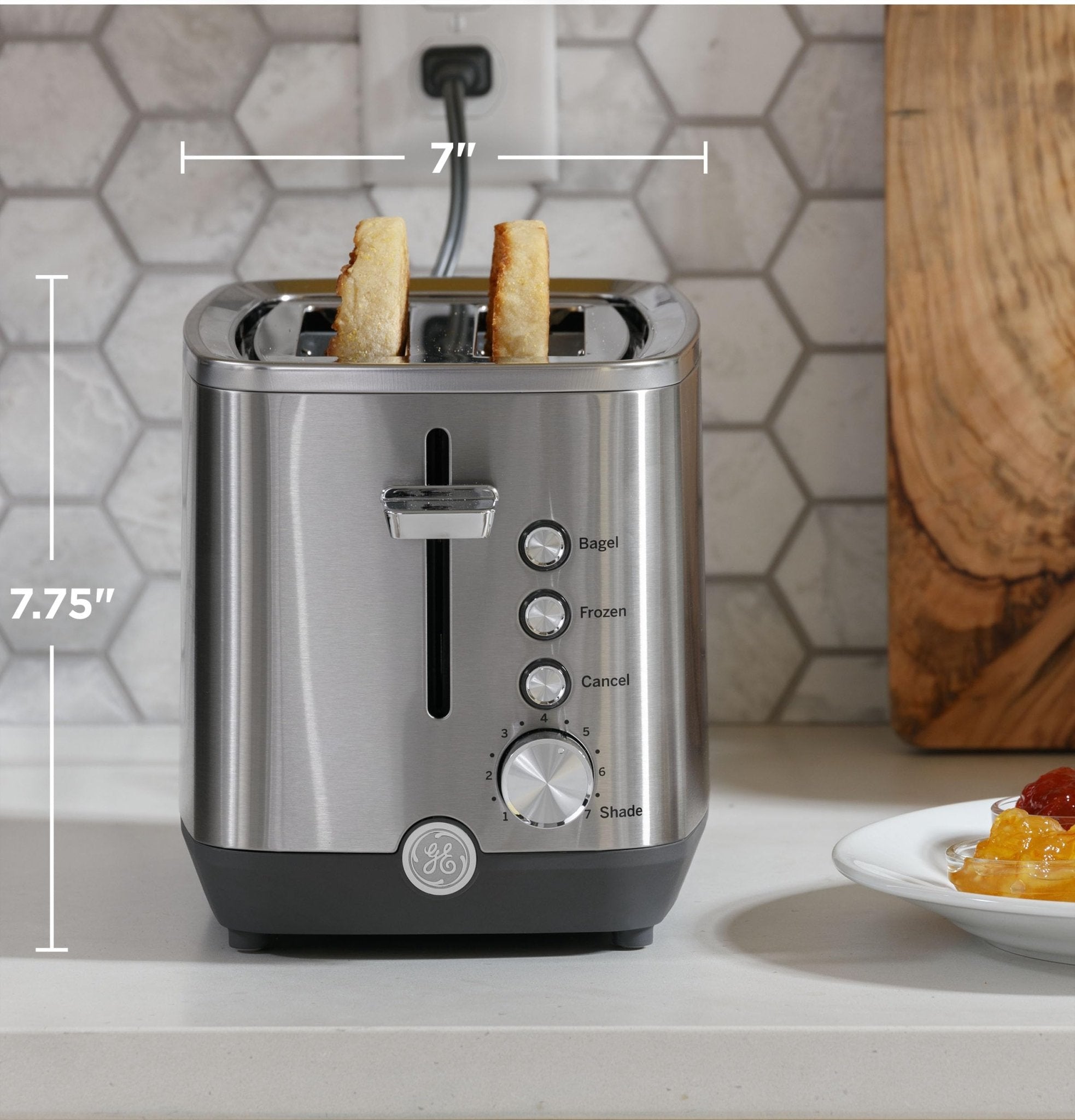 GE 2 Slice Stainless Steel Toaster, Extra Wide Slots for Toasting Bagels, Breads, Waffles & More, 7 Adjustable Shade Settings, Removable Crumb Tray, Countertop Kitchen Essentials, 850 Watts - My Kitchen Products