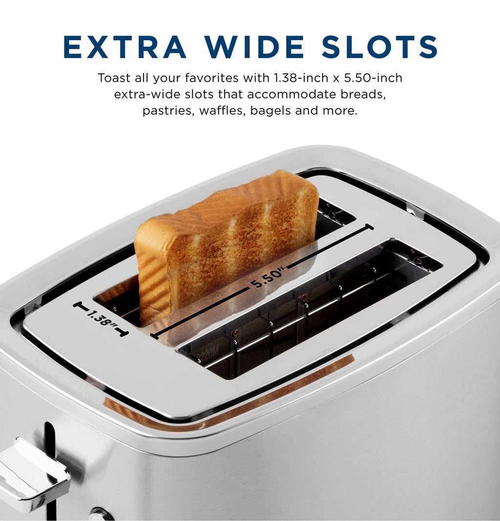 GE 2 Slice Stainless Steel Toaster, Extra Wide Slots for Toasting Bagels, Breads, Waffles & More, 7 Adjustable Shade Settings, Removable Crumb Tray, Countertop Kitchen Essentials, 850 Watts - My Kitchen Products