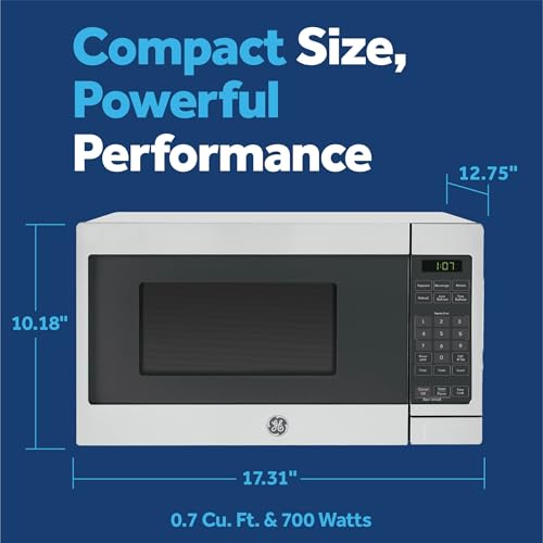 GE Compact Countertop Microwave Oven, 0.7 Cubic Ft., 700-watt Capacity, 6 Auto Cooking Settings, Child-Lock Technology, Dorm Room or Apartment, Stainless Steel - My Kitchen Products
