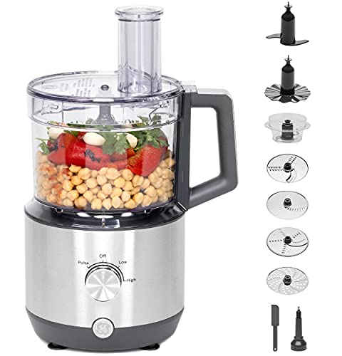 GE Food Processor, Large 12-Cup Vegetable Chopper for Shredding, Mincing, Dicing & Kneading Dough, 9 Stainless Steel Accessories, 550W Motor, 3 Speed, Dishwasher Safe - My Kitchen Products