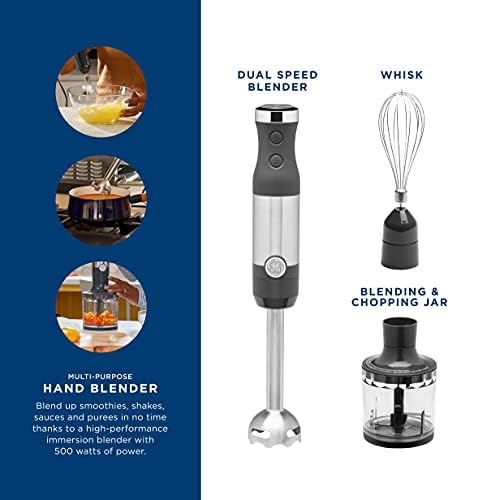 GE Immersion Blender | Handheld Blender for Shakes, Smoothies, Baby Food & More | Includes Whisk & Blending Jar | 2-Speed | Interchangeable Attachment for Easy Clean | 500 Watts | Stainless Steel - My Kitchen Products