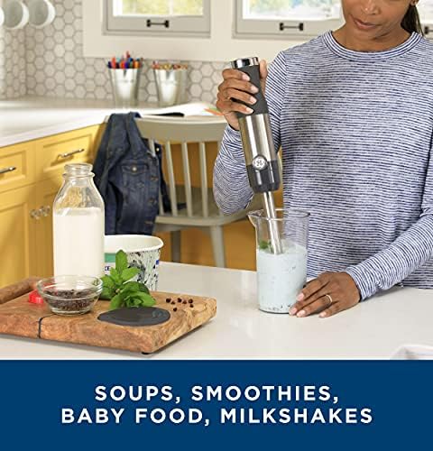 GE Immersion Blender | Handheld Blender for Shakes, Smoothies, Baby Food & More | Includes Whisk & Blending Jar | 2-Speed | Interchangeable Attachment for Easy Clean | 500 Watts | Stainless Steel - My Kitchen Products