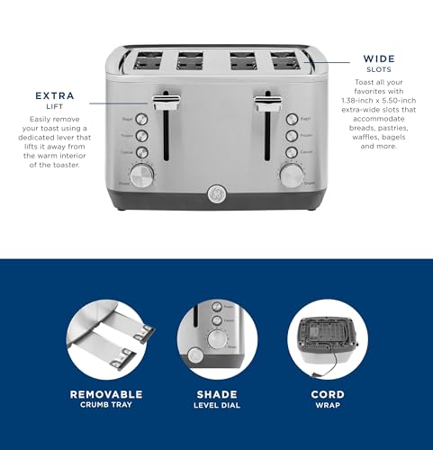 GE Stainless Steel 4 Slice Toaster | Extra Wide Slots for Bagels, Breads, Waffles & More | 7 Shade Options | Countertop Kitchen Essentials | 1500 watt - My Kitchen Products