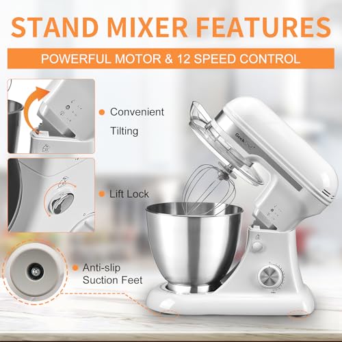 Geek Chef Electric Stand Mixer, 4.8QT 12 Speeds Tilt-head Food Mixer with Dough Hook, Whisk, Beater, Bowl, Rotary Knob for Home Kitchen Use, Bright White - My Kitchen Products