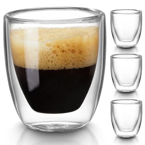 Gencywe Double Walled Espresso Cups Set of 4 (50% Thicker), 3 Ounce Clear Expresso Coffee Mugs, Espresso Shot