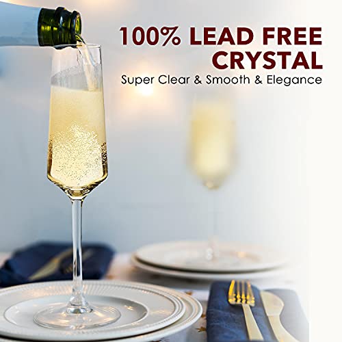 Generic Chouggo Champagne Flutes Set of 6 Hand Blown Crystal Champagne Glasses Hand Crafted by Artisans Premium Crystal Gift for Birthday 8oz Clear 6 Count Pack of 1 CG 01 - My Kitchen Products