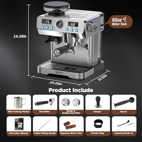 GeniCup Espresso Machine with Grinder 20 Bar Professional Expresso Coffee Machines for Home Customizable 194℉-203℉ Temp Control Espresso Maker with 68oz Water Tank All-in-One Coffee Maker Cold Brew - My Kitchen Products
